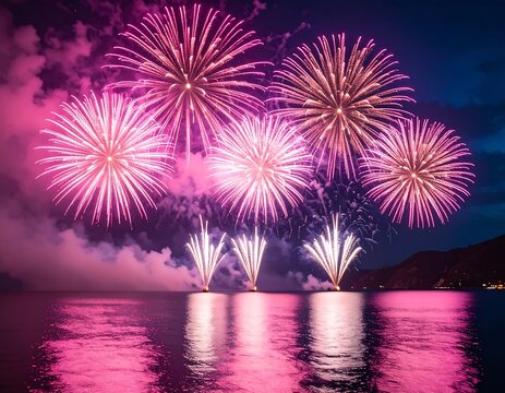 Vibrant pink fireworks over water