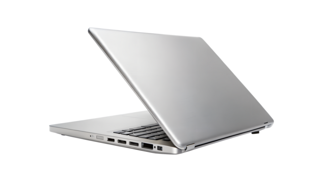 Silver laptop isolated on transparent background, a portable computer for business and personal use, featuring a sleek design and modern technology
