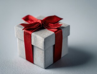 Obraz premium Small, light gray gift box with a red ribbon bow