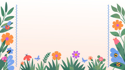 Background and banner decorated with pastel colors, blooming flowers, and leaves. Flat folk geometric style.