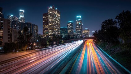 Obraz premium City lights streak freeway at night