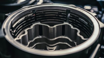 Detailed Close-Up of a Precision-Engineered Piston Cylinder in a Metal Engine Block, Showcasing Industrial Machinery and Automotive Technology, Ideal for Engineering, Manufacturing