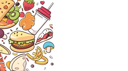 Fototapeta premium Whimsical Delights: Adorable Picture of Cartoon Food on White Cartoon Background – Colorful, Oversized Strawberries with Cheerful Faces, Squiggly Pasta Twirling in Sauce, and Round Doughnuts Sprinkled
