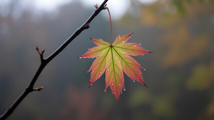 A single maple leaf transitions from green to red, hanging from a branch in a misty forest.