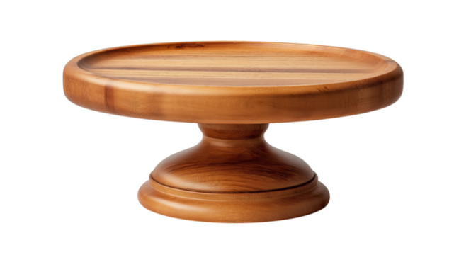 Wooden cake stands, solid wood, round bottom with base, isolated on a transparent background in PNG format.