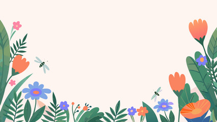 Background and banner decorated with pastel colors, blooming flowers, and leaves. Flat folk geometric style.