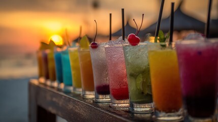Colorful cocktails by the beach at sunset.