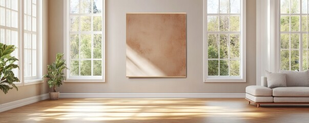 Fototapeta premium A light filled room displays an empty square art piece