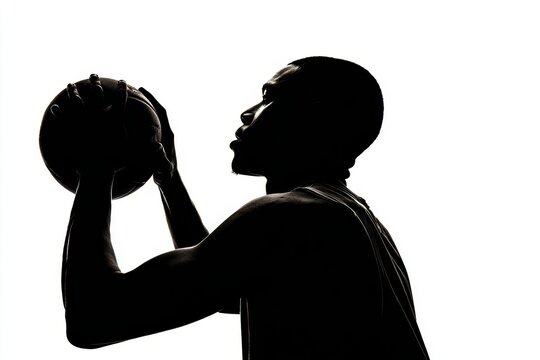 Silhouette of an African Man Making a Free Throw in Basketball Against a Backlit Background