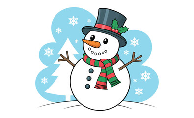 Cheerful snowman with top hat and striped scarf in snowy winter scene with pine tree and snowflakes, ideal for holiday and Christmas themes