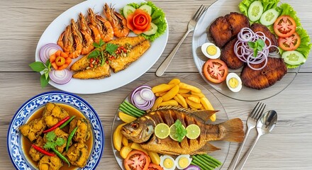 Overhead shot of several plates of seafood and fish dishes served