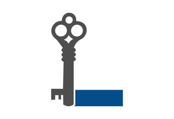 Old key house icon logo. Old key silhouette antique lock illustration on white background with latter L