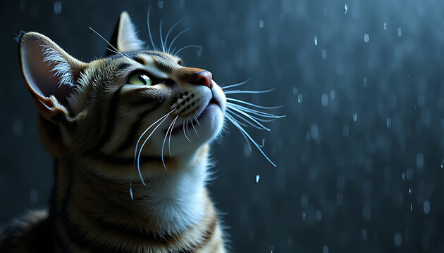 Close up of a tabby cat looking up in the rain - Powered by Adobe