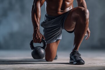 Athletic Man Performing Lunges with Kettlebell at Home: Close-Up on Strength and Fitness Training