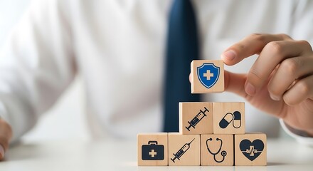 Photo of man stacking wooden blocks with medical icons for health insurance