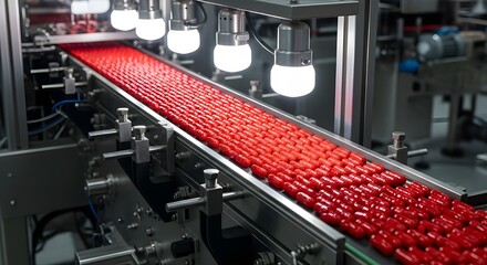 Obraz premium Red Pills on Conveyor Belt: Automated Pharmaceutical Manufacturing & Quality Control