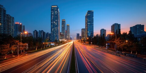 City highway at twilight.  Long exposure shows traffic streaks. Skyscrapers line the horizon