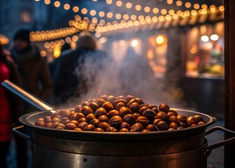 Roasted Chestnuts in Large Pot with Steam and Bokeh Lights