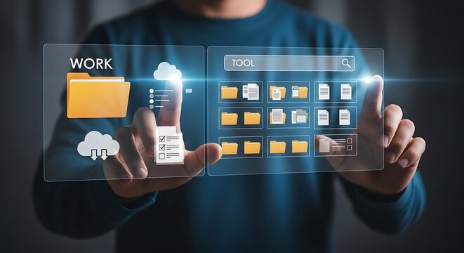 Photo of person interacting with a digital interface for work and file management