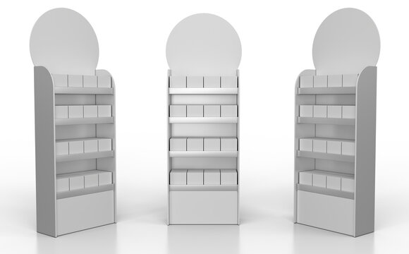Retail cardboard shelving mockup with round topper and blank products. 3d illustration set transparent background