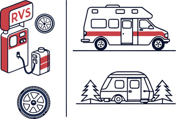 Illustration showing a gas station with rvs sign, tires, and two rv vehicles in a camping scene design