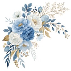Fototapeta premium Blue and white watercolor floral arrangement with gold accents