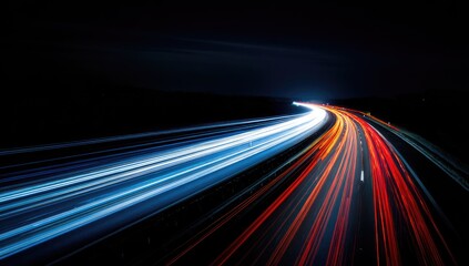 Night highway, light trails of cars,  curve.  Long exposure, vibrant colours