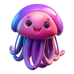 Fototapeta premium Cute cartoon jellyfish with big eyes and smiling face isolated on transparent background