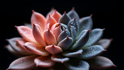 Close up of a succulent plant with pink and blue leaves and water droplets
