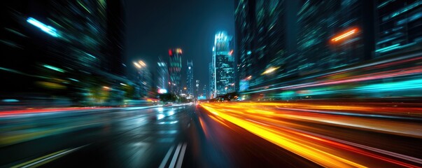 Night city street, motion blur of cars