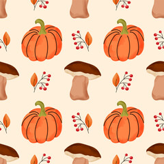 Seamless vector watercolor seamless pattern with pumpkins, mushrooms, autumn leaves. Perfect for Halloween, Thanksgiving, seasonal textiles and childrens products