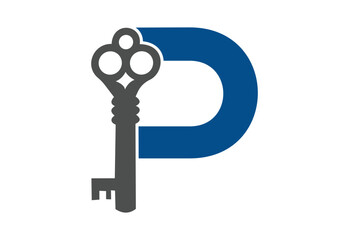 Old key house icon logo. Old key silhouette antique lock illustration on white background with latter P