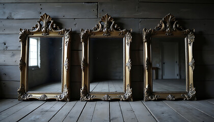 Three ornate antique gilded mirrors in a row on a wooden floor