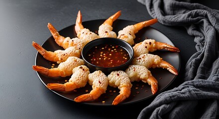Tempura shrimp with dipping sauce on a black plate close up view