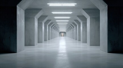 Obraz premium Empty concrete tunnel, bright lights, vanishing point