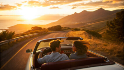 Couple enjoys scenic convertible road trip with breathtaking ocean sunset views on winding coastal highway