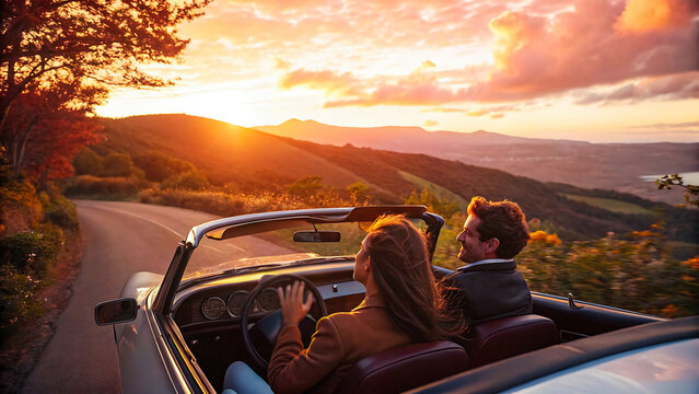 Couple enjoys scenic sunset drive in convertible, embracing freedom and adventure on winding road - Powered by Adobe