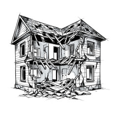 Illustration of a dilapidated two story house with debris and damaged roof and walls in monochrome style