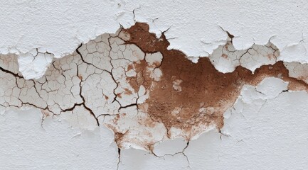 Peeling, cracked white paint on a wall, revealing a brownish underlayer