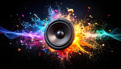 Vibrant Sound Waves Erupting from a Loudspeaker with Colorful Splatter