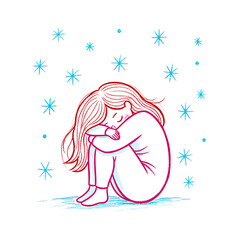 Illustration of a girl hugging her knees surrounded by snowflakes in a winter themed drawing