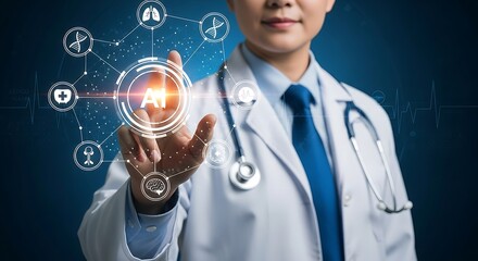Photo of doctor touching ai interface with medical icons
