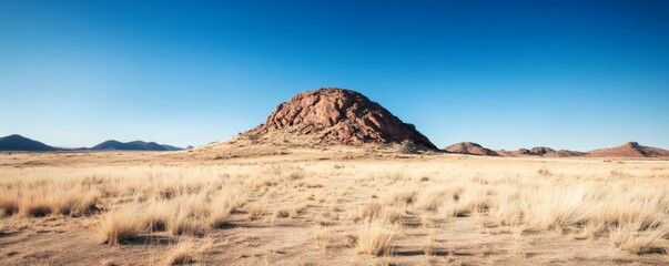 A panorama of a desert landscape with a large rock formation