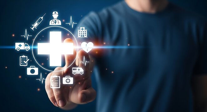 Photo of healthcare technology interface with medical icons and a plus sign