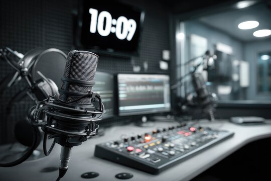 A professional recording studio setup with a large-diaphragm microphone, headphones, audio mixer, and computer displaying a digital clock.  The room is soundproofed with dark acoustic panels