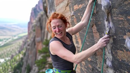 Red-haired woman climbing cliff with rope. Adventure and determination concept.