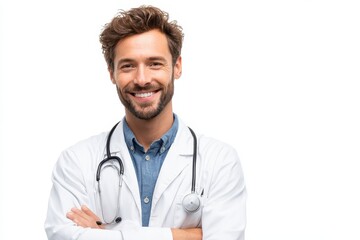 Fototapeta premium Radiant Medisphere: Joyful Doctor Unveiling Positive Health Results with a Confident Smile, Set Against a Serene White Backdrop