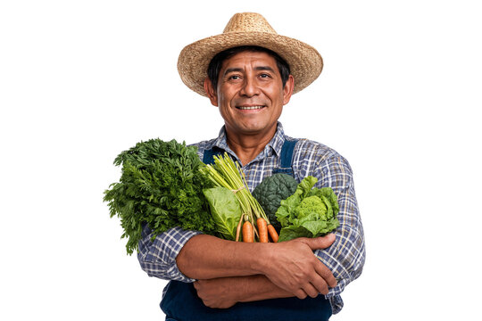 Senior male farmer holding fresh vegetables and smiling confidently, isolated on transparent background