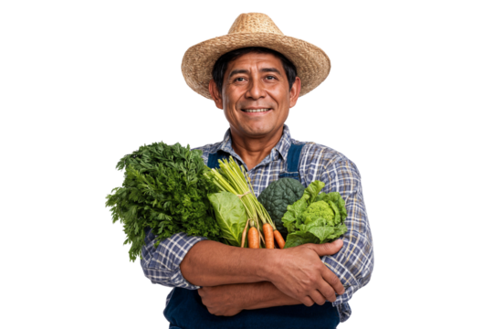 Senior male farmer holding fresh vegetables and smiling confidently, isolated on transparent background