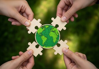 Photo of hands holding puzzle pieces forming the earth, symbolizing global unity and teamwork